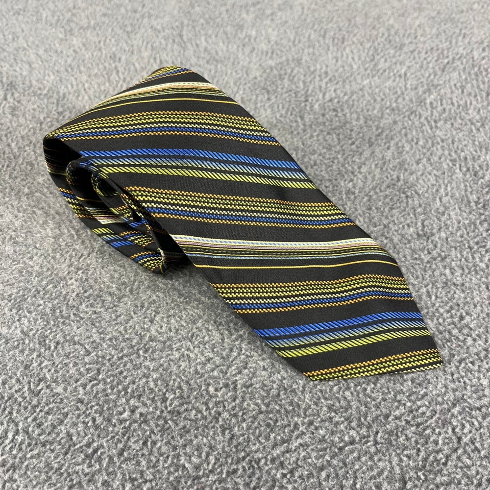 Bruno Piattelli Necktie Mens OS Black Blue Green Gold Striped Silk Made in USA‎